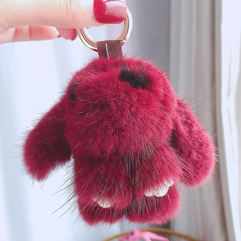 Игрушечный Кролик, подвеска из меха норки, милый женский брелок для машины, сумки, ключей, плюшевый шарм, роскошный брелок для ключей для женщин - Цвет: Wine Red
