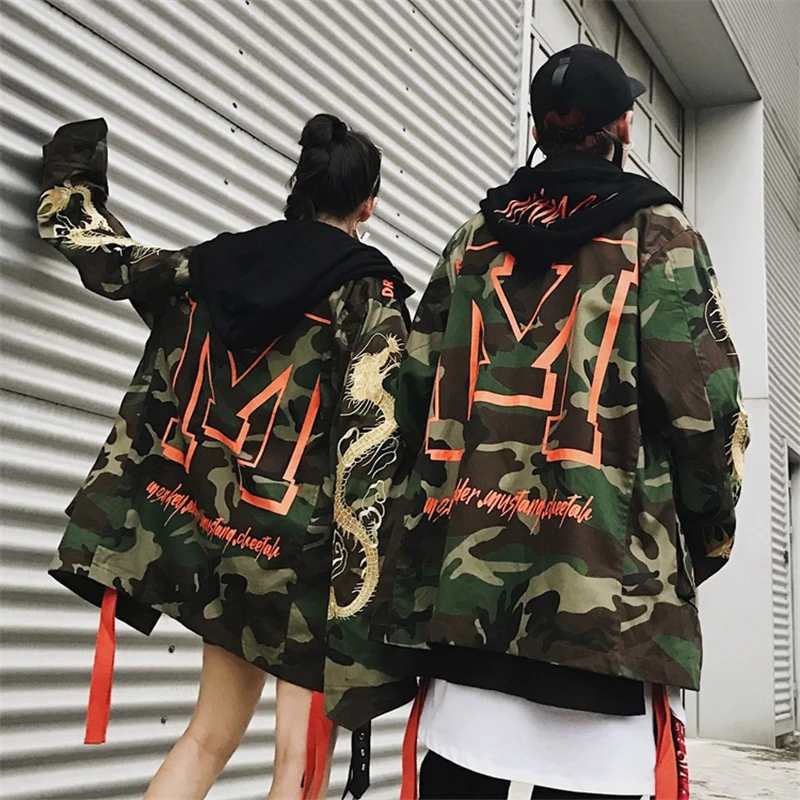 Men Oversize Dragon Embroidery Camo Long Trench Coat