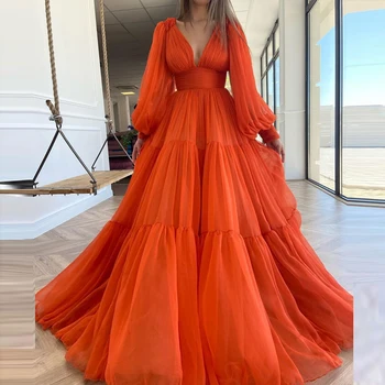 

Orange Chiffon Long Prom Dresses With Deep V Neck вечерние платья Long Sleeves Evening Dresses Woman Party Robe Long Formal Gown