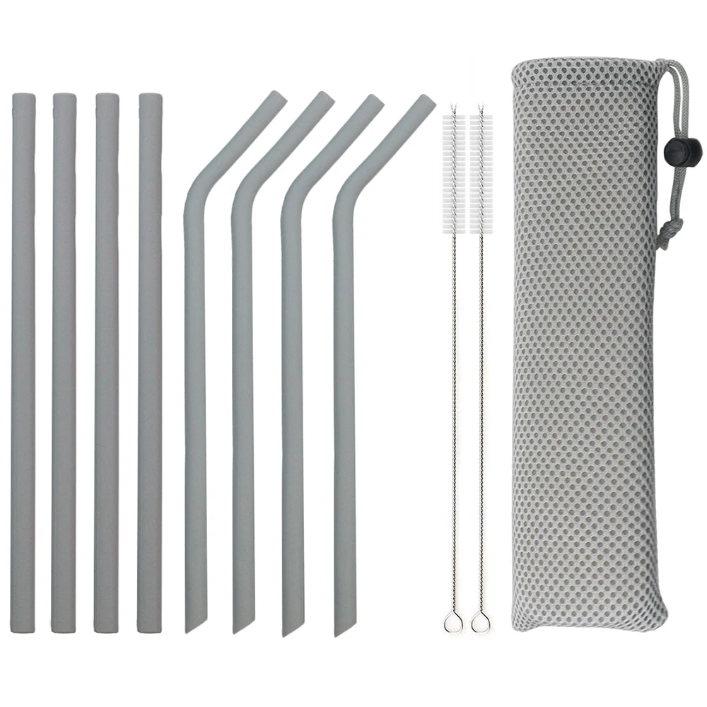 11pcs grey Силиконовый набор соломинки многоразовая соломенная широкая 8 мм Гибкая соломка с чистящей щеткой сумка для хранения 20 унций бар вечерние соломы - Цвет: 11pcs grey