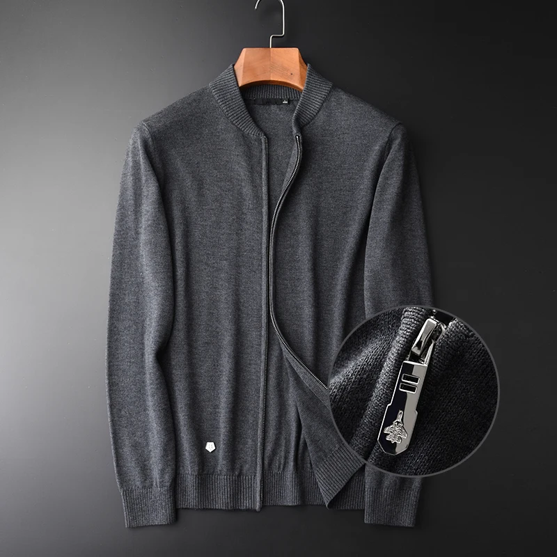 

Men Hight Quality Stand Collar Zipper Cardigan Sweater Male Autumn Fashion Grey Solid Color Slim Fit Sweaters Man