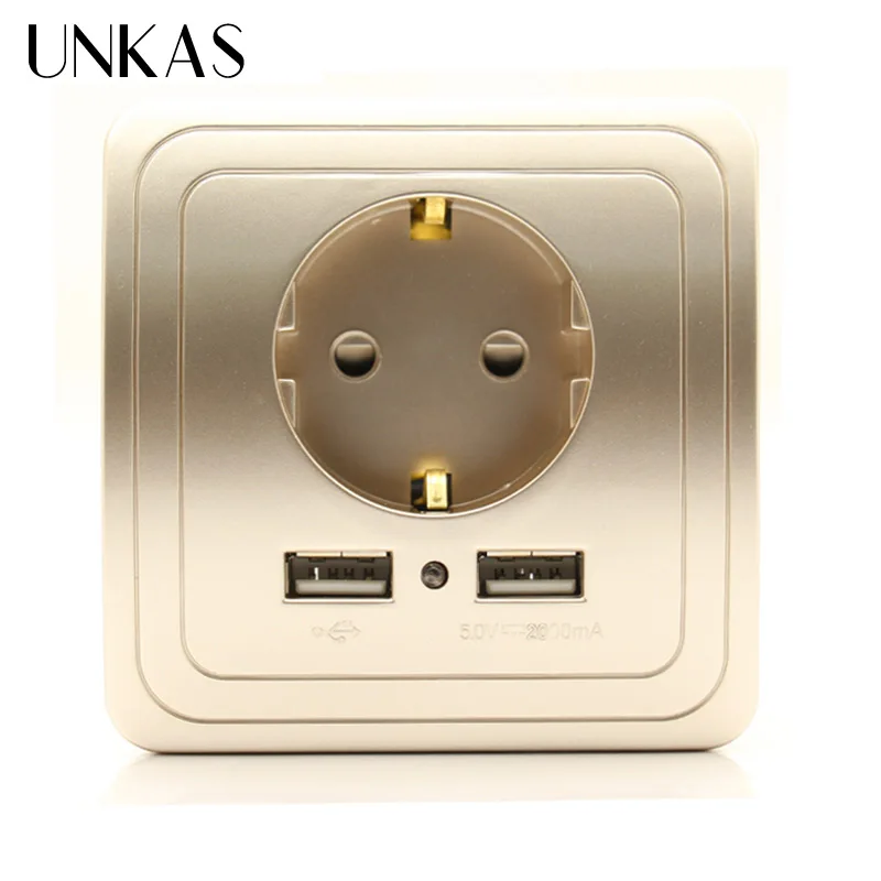 

UNKAS 5V 2A Dual Wall Socket Socket with USB wall outlet EU Ports Charger 16A 250V kitchen plug socket Electrical Outlet