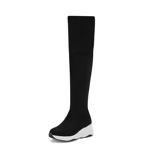 Black Tall Suede Slim Thigh Women Boots Stretch Wedge Muffin Knee High Black Shoes Over The Platform Elevator Luxury Flatform Long Mid - Color: Black