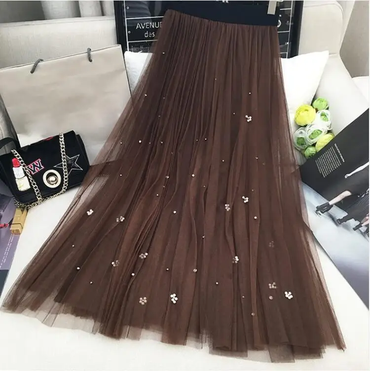 

2019 New Style Female Black Mesh Dress Versatile Pearl Gauze Skirt Long Skirts Pleated Skirt Mid-length Skirt