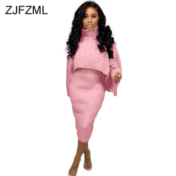 

Causal Solid Two Piece Set Women Outfits High Neck Full Sleeve Loose Crop Tops and Maxi Pencil Skirt Winter 2 Pcs Sweater Set