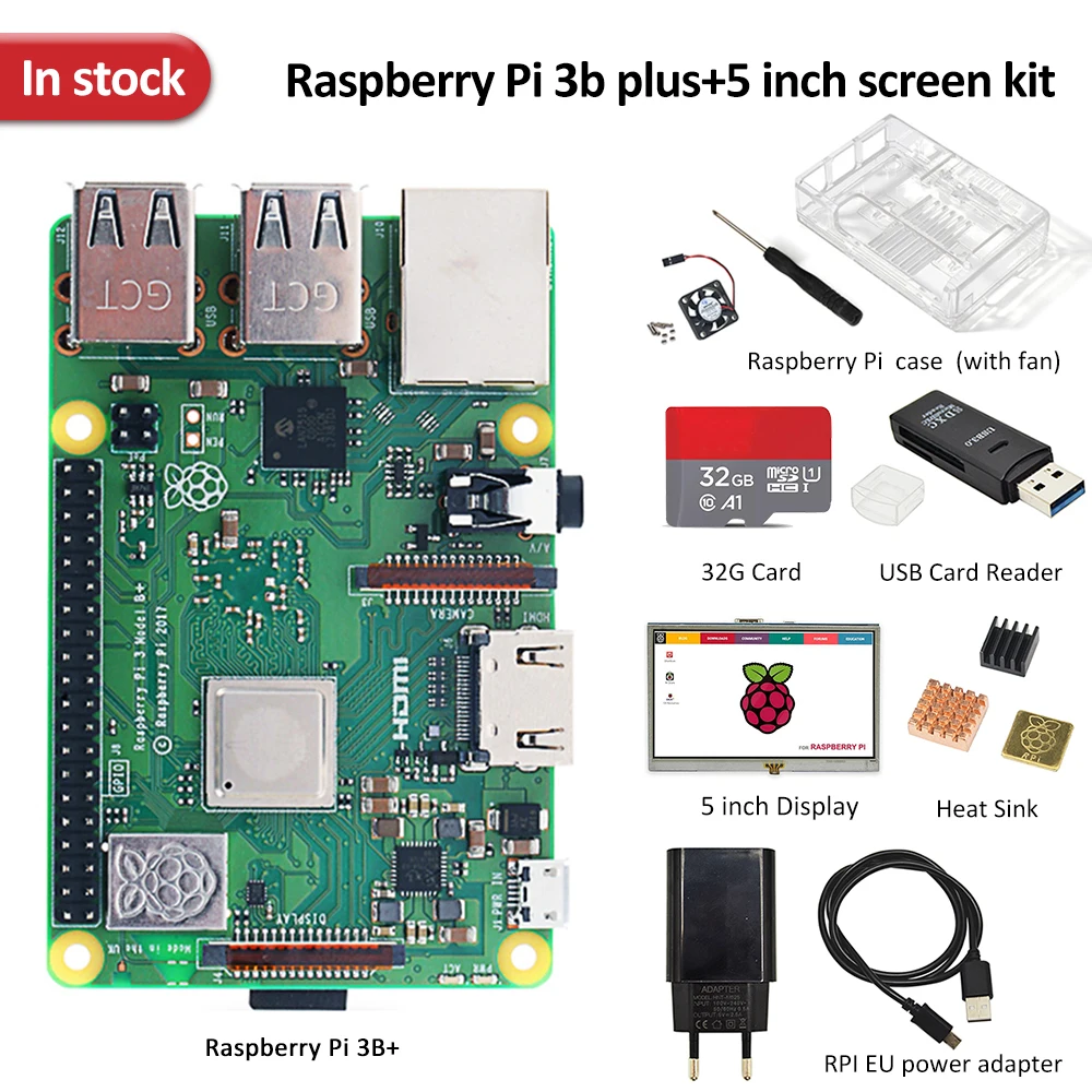 Оригинальный Raspberry pi 3b plus, набор экрана + 5-дюймовый экран + TF-карта 32 ГБ + мульти-кардридер + теплоотвод + блок питания ЕС/США + чехол