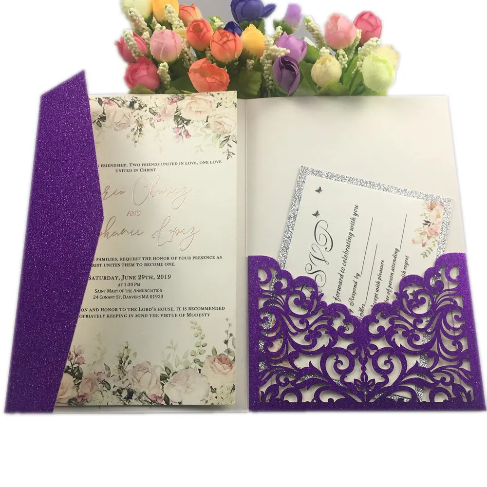 purple glitter 2 шт лоза Три раза свадебные пригласительные карты с конвертом, вставка, RSVP 3 раза конверт с лазерной резкой складные карты - Цвет: purple glitter