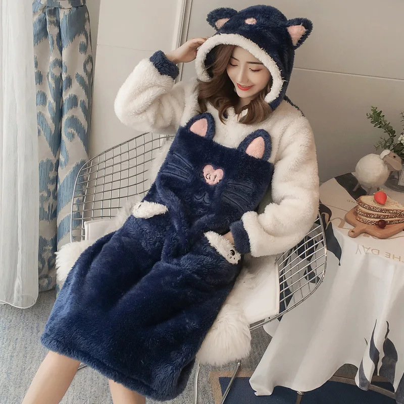 Cartoon girl Korean version hooded plush warm sleeper gown winter women coral velvet thickening winter - Цвет: Синий