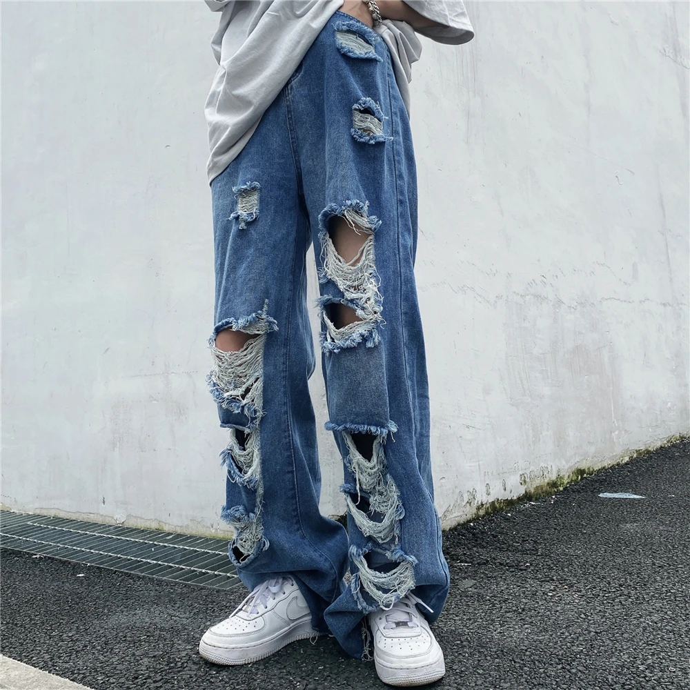 New trendy brand ripped jeans men's ins straight irregular wide-leg beggar  pants