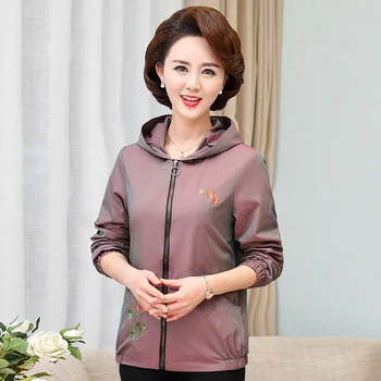 

Middle-Aged Women Windbreaker Spring Autumn Jacket Coat Hooded Zipper Plus Size 5XL Casual Embroidery Outerwear & Coats