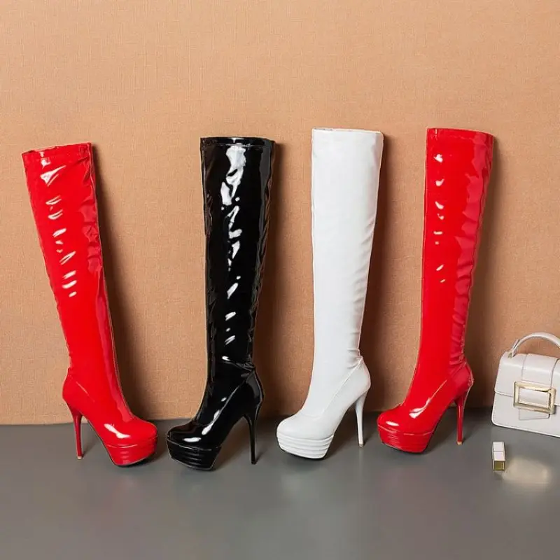 

Women Platform Over The Knee Boots Sexy 17CM Super High Heels Red Patent Leather Long Boots Woman 2020 Winter Black Shoes896