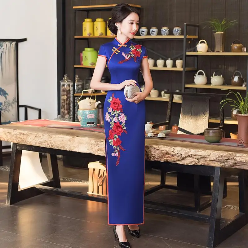 Женские вечерние Cheongsam сексуальное тонкое длинное платье свадебное платье ретро китайский стиль свадебное вечернее Ципао Дамская одежда Vestido - Цвет: Синий