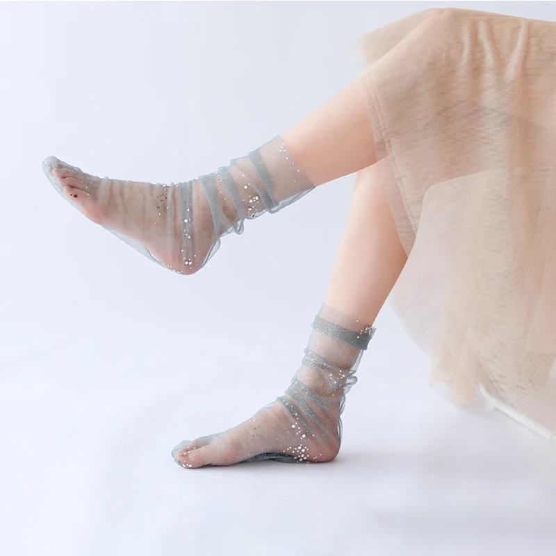 Модные цветные женские носки с блестящими звездами и луной, длинные носки до лодыжки, прозрачные носки из тюля, тонкие дышащие чулки, летние