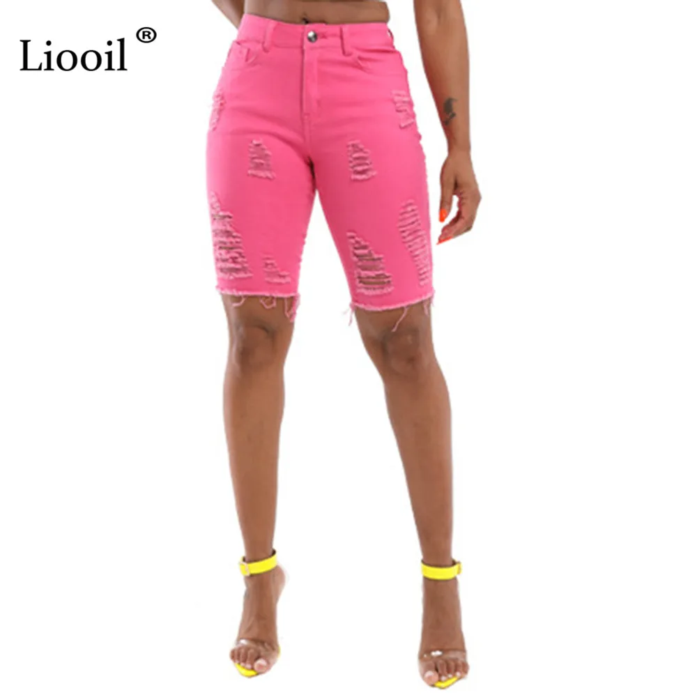 Liooil Sexy Skinny Denim Jeans Womens With Pockets Holes High Waist Knee Length Pants Bottoms Wash Distressed Jean Trousers