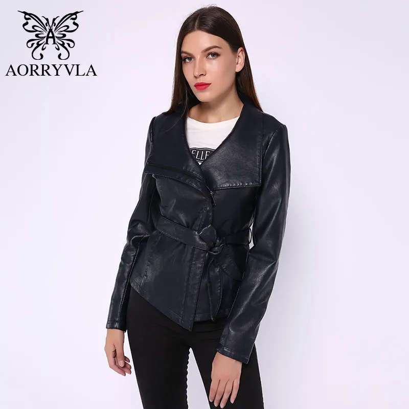 AORRYVLA популярные косуха кожаная куртка для женщин осень брендовая кожаная куртка искусственной кожи готический большой отложной воротник пояса короткие женские кожаные пальто