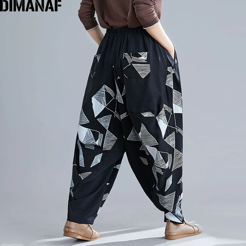 DIMANAF, женские штаны, брюки, панталоны, больше размера, винтажные, хлопковые, с принтом, черные, женские шаровары, свободные, размера плюс, весна
