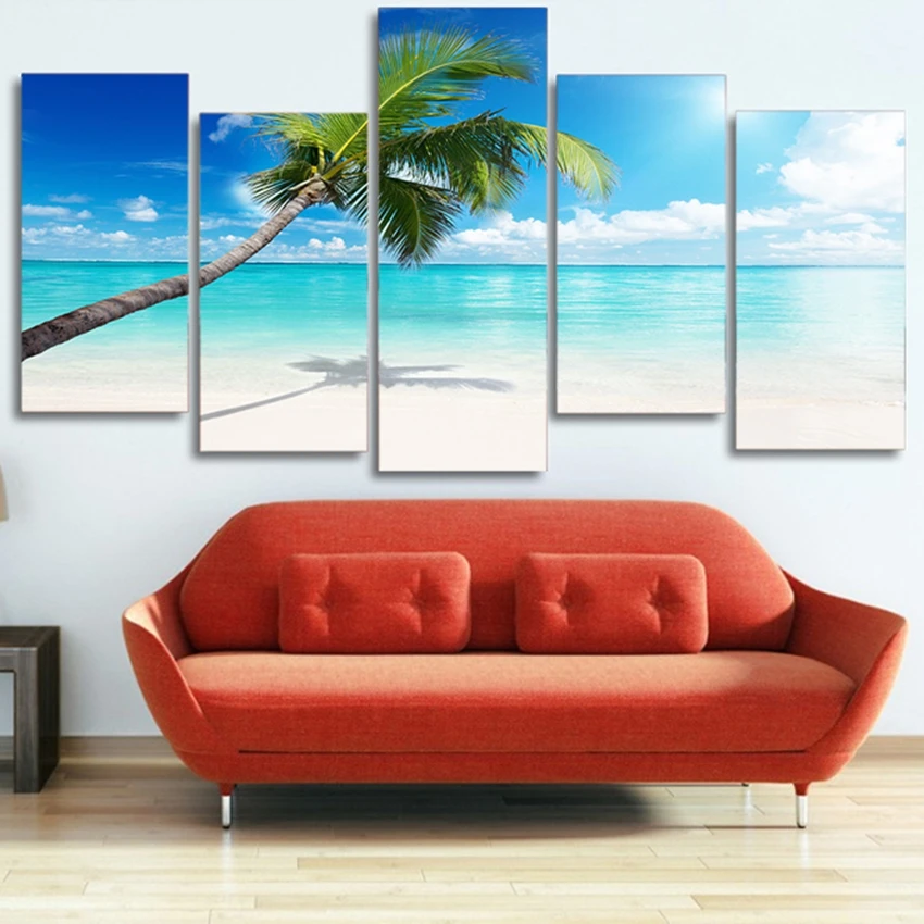 Холст Картины Wall Art HD печатает 5 шт. пальмовое дерево пляж фотографии голубое небо