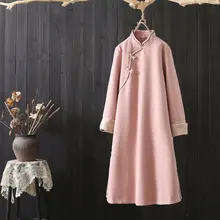 Осенний стиль, художественное ретро платье, воротник-стойка, Xie Jin, бант, пряжка, Национальный стиль, шерстяная ткань средней длины