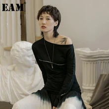 [EAM] Женская черная тонкая короткая полосатая футболка без бретелек, хит цвета, новая модная футболка с длинным рукавом и круглым вырезом, весна-осень, 1B211
