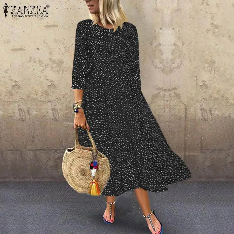 ZANZEA богемное Платье женское платье в горошек с принтом Vestidos осенние женские праздничные вечерние длинные макси платья Повседневное платье