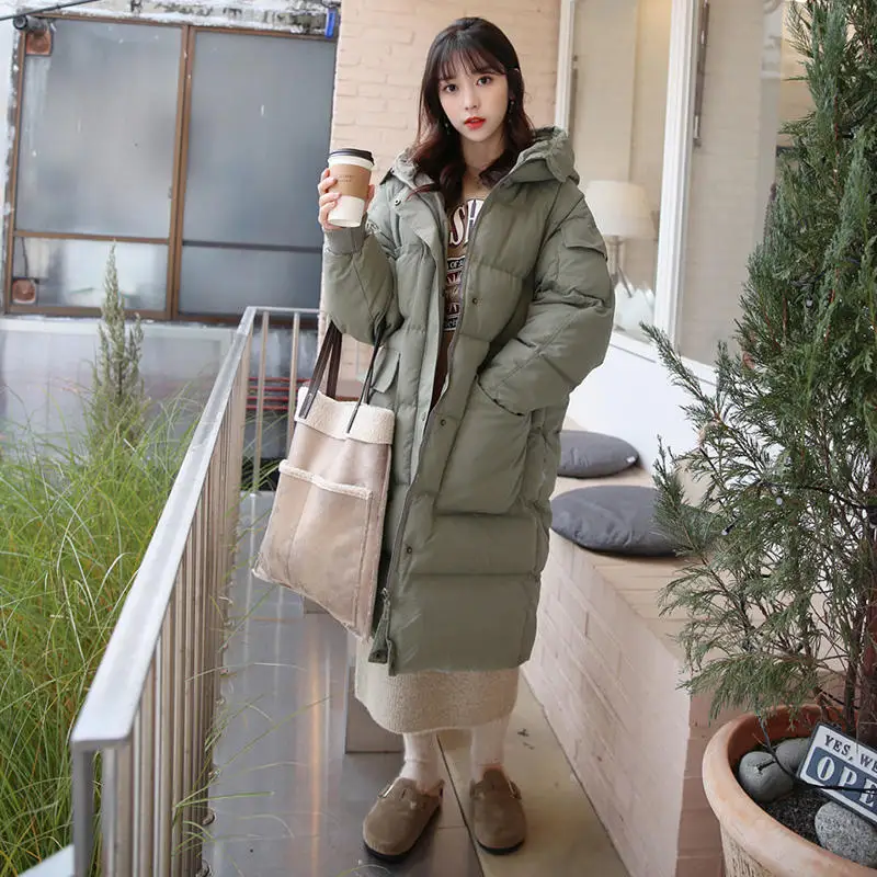 Light green Parka Негабаритный пуховик из хлопка женские парки свободная теплая Длинная зимняя куртка женская с капюшоном на молнии однотонные зимние женские пальто с подкладкой Q2000 - Цвет: Light green Parka