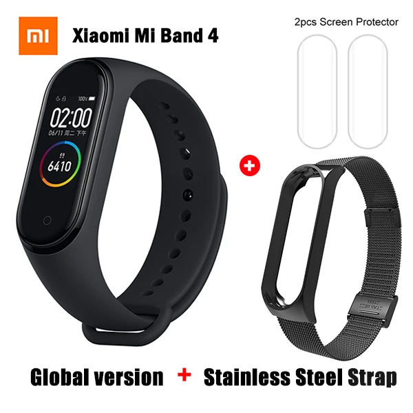 Original Xiaomi Mi Band 4 Smart Wristband 3 Color AMOLED Screen Mi Band 4 Global version Heart Rate Fitness Music Bracelet - Цвет: GB add Metal Strap 2