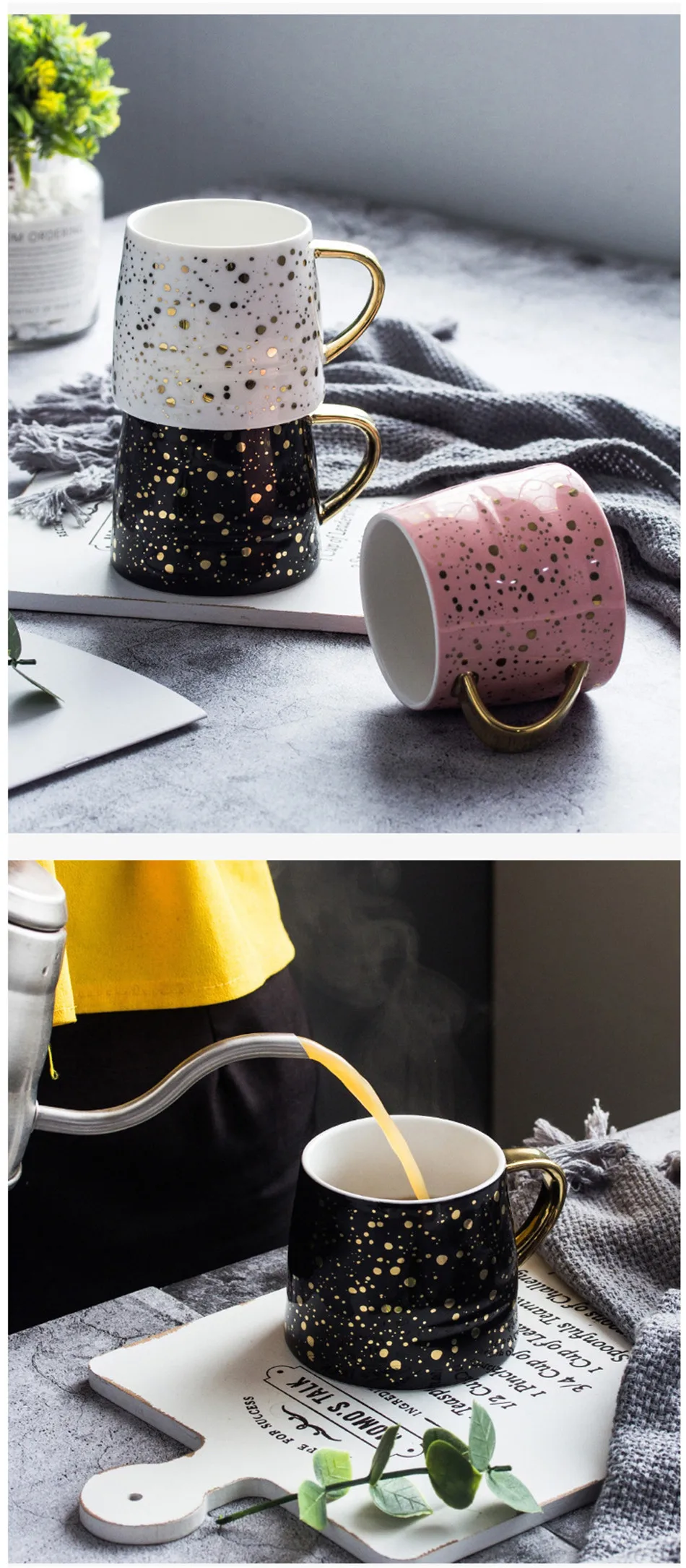 Креативная керамическая кружка, черная, розовая, золотая ручка, кофейная кружка, чашка для завтрака, молока, чая, большая емкость, для дома, офиса, посуда для напитков, 350 мл