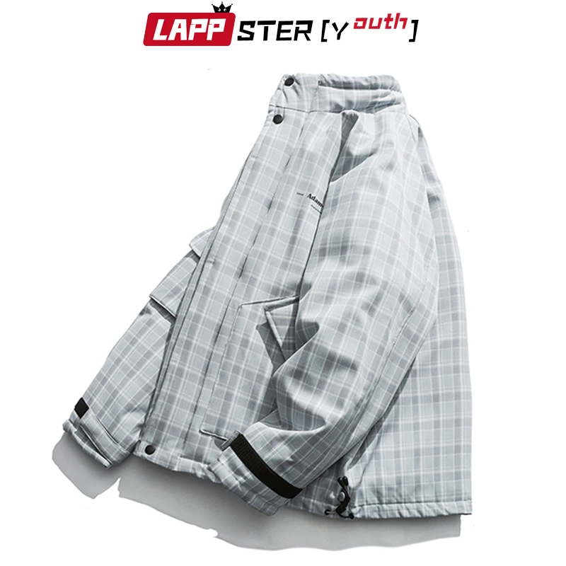 LAPPSTER-Молодежные мужские хип-хоп зимние клетчатые куртки с карманами, толстые,, Harajuku, Мужская Уличная парка, пальто-пузырь, дизайнерская парка