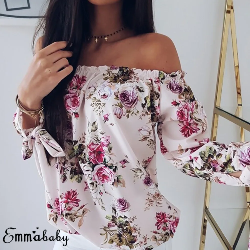 Hirigin mujer sin hombros camisa Floral elegante Blusa Casual Tops Top de verano de moda, camiseta de manga larga estampado Harajuku Blusa