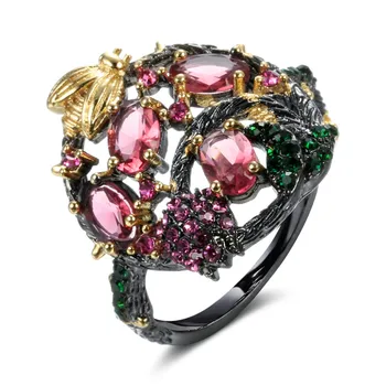 

Women's Retro Tungsten Jewelry Tree Branch Bees Red Zircon Rings Gothic Style Black Gold Wedding Engagement Rings Italy Jewelry
