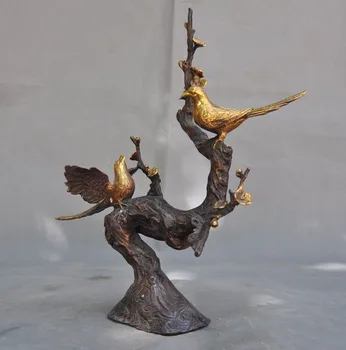 

wedding decoration 12"Old China Chinese bronze Gilt Plum blossom flower Magpies bird statue