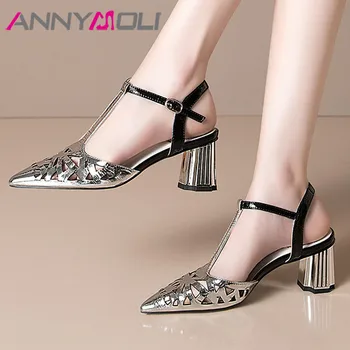 

ANNYMOLI Genuine Leather High Heel T-Strap Pumps Cutouts Women Shoes Pointed Toe Square Heels Footwear Ladies Summer Silver 43