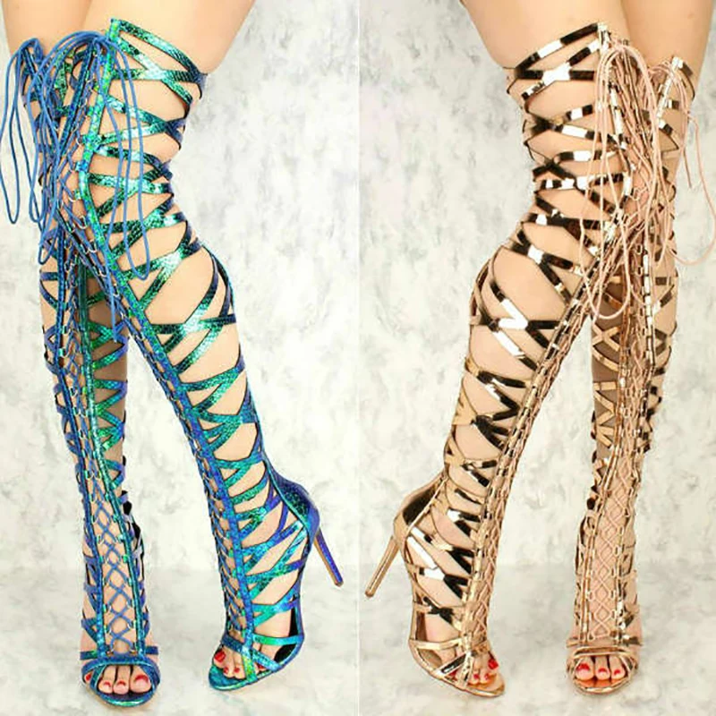 thigh high holographic boots