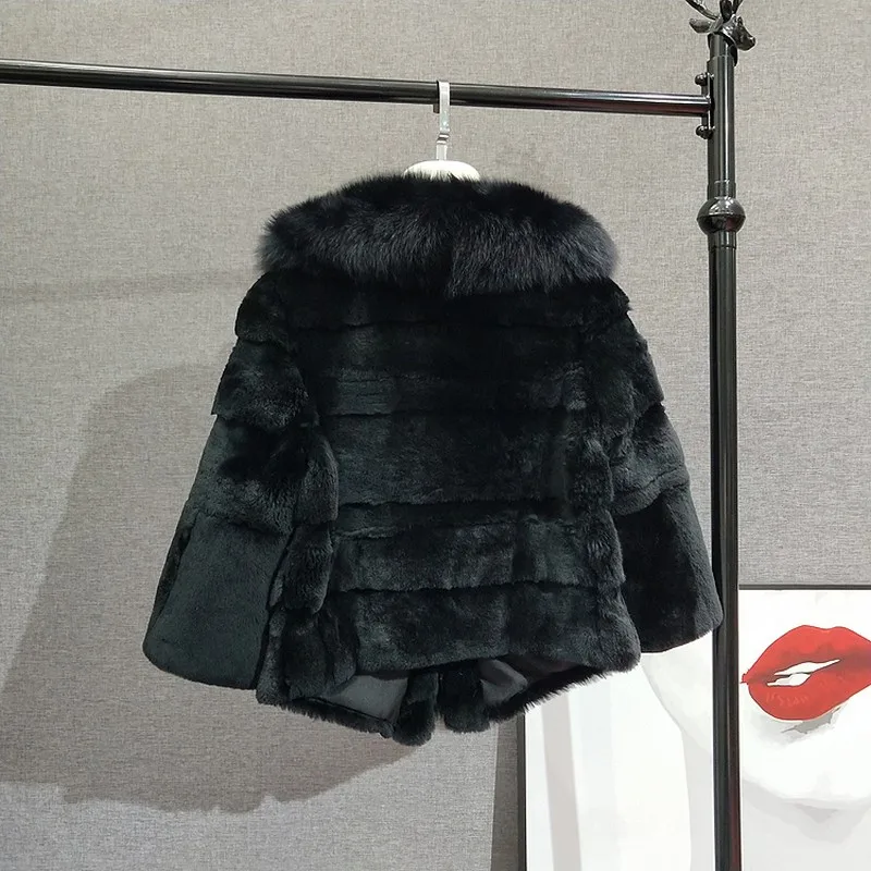 FXFURS новые зимние куртки из кроличьего меха шали женские модные меховые пальто Теплые Короткие повседневные с лисьим мехом воротники настоящие полосы