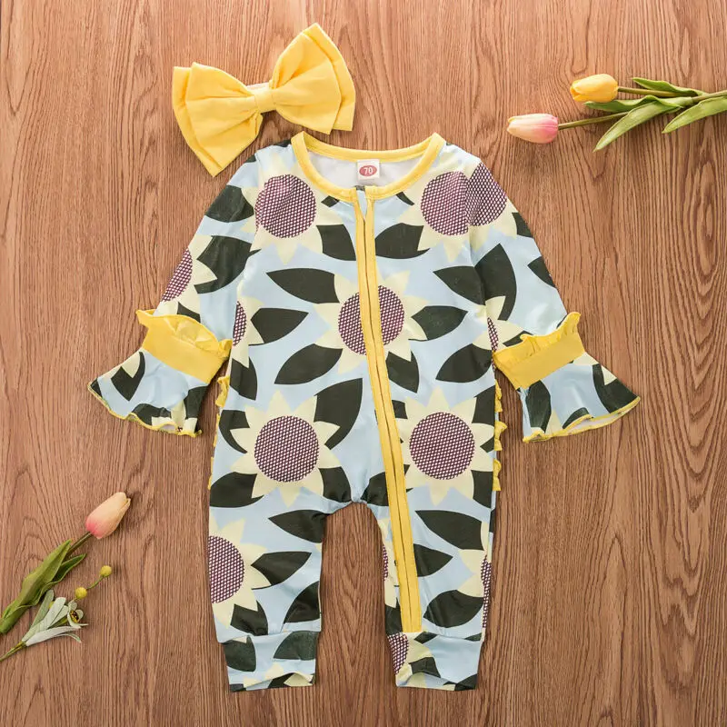 CANIS Autumn Newborn Kids Baby Boy Girl Long Sleeve Floral Printed Zipper Romper Jumpsuit Outfit Cotton Clothes