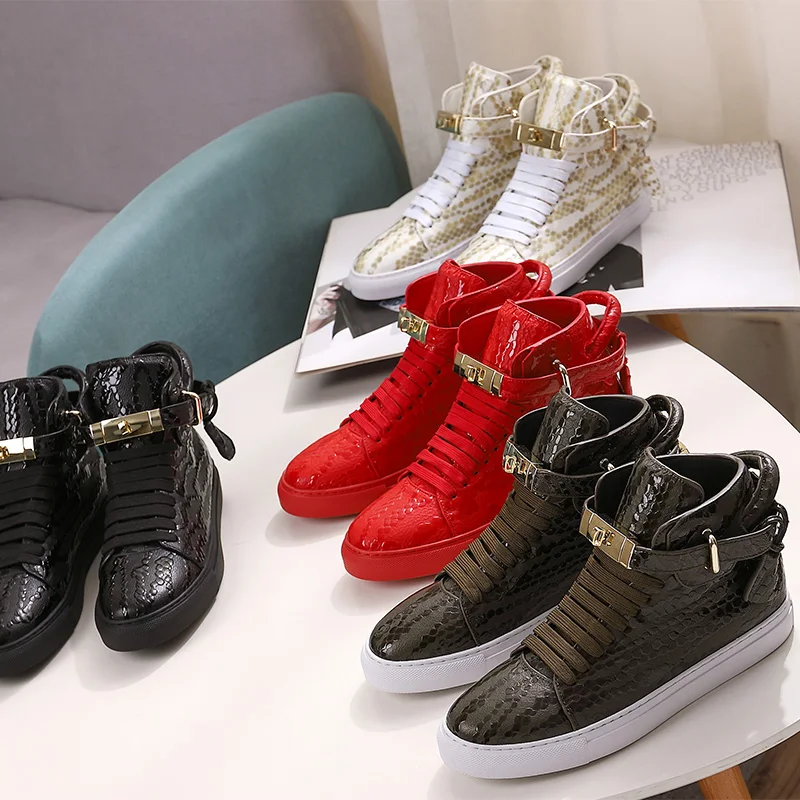 Phenkang Men Embossed Crocodile High Top Sneakers Lock Lace Red Flats Real Leather Designer Boots Men&lsquo;s Casual Shoes