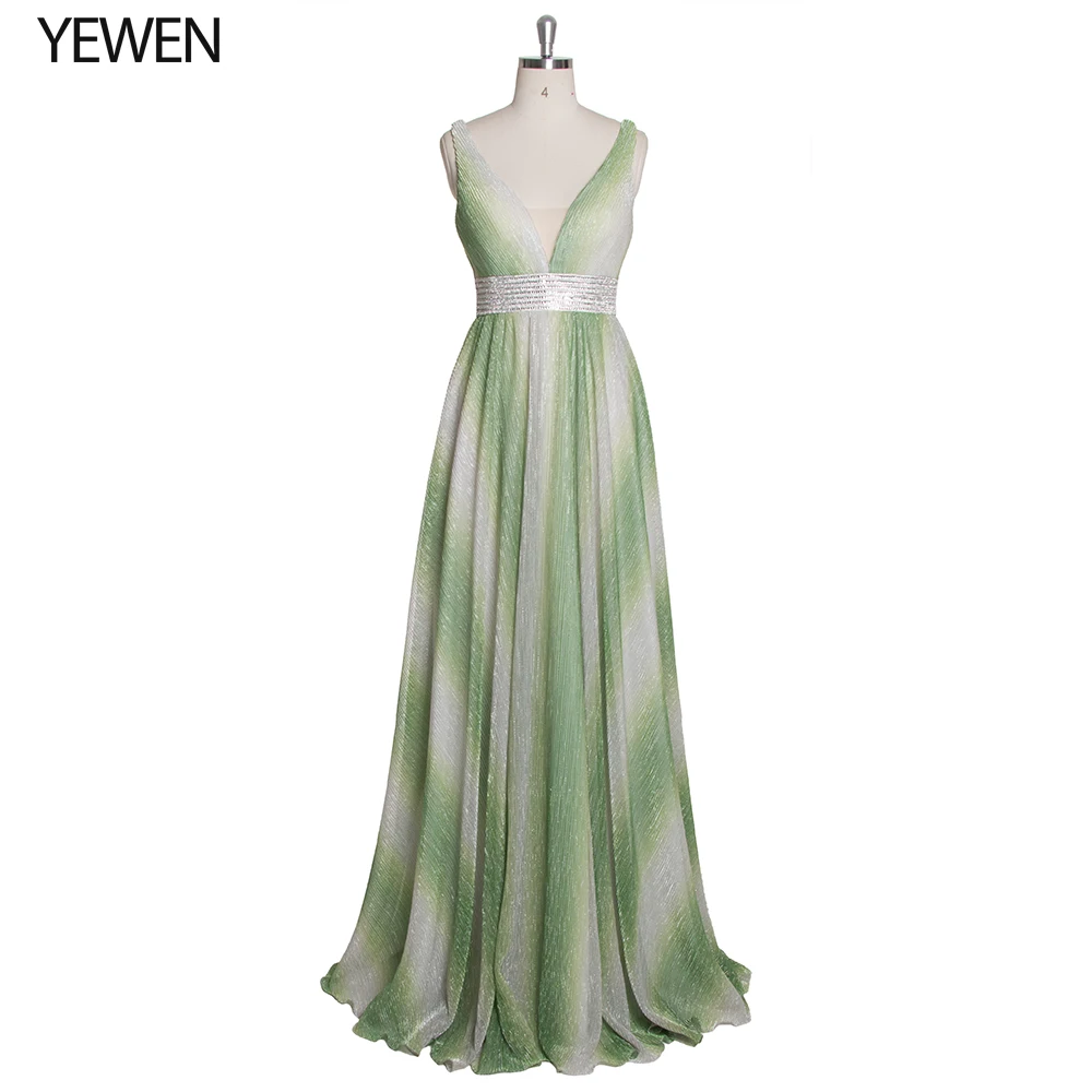 

Pleated green evening dress long 2019 V-back crystals belt A-Line formal party prom dresses vestidos largos