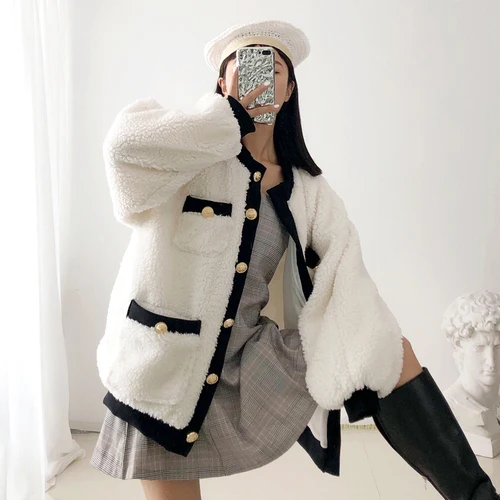 new autumn winter women single breasted loose faux fur coatsgolden buttons o-neck lamb wool jackets w1991 - Цвет: milk white