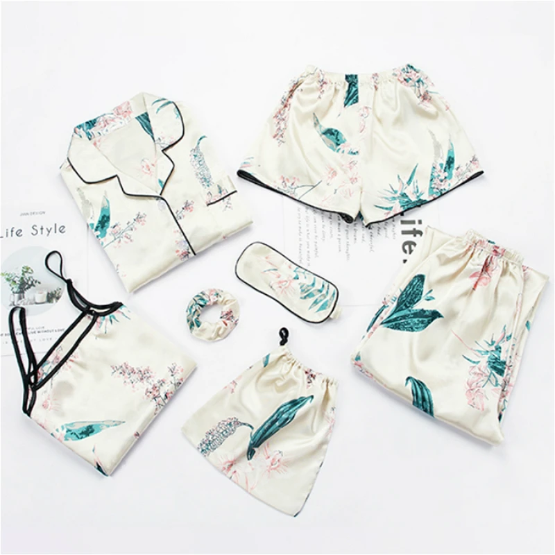 

Autumn Spring 7 Pieces Set Silk Elegant Women Pajamas Print Shorts Long Sleeve Top Elastic Waist Pants Full Lounge Sleepwear