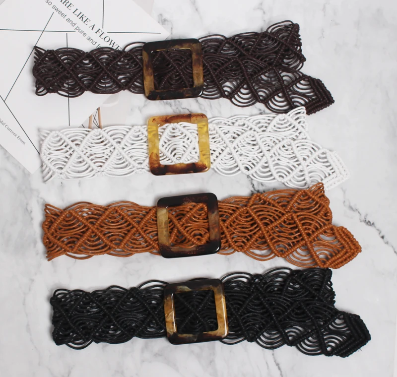 [EAM] Pu Leather Big Square Buckle Hollow Out Wide Belt Personality Women New Fashion Tide All-match Autumn Winter 1A056