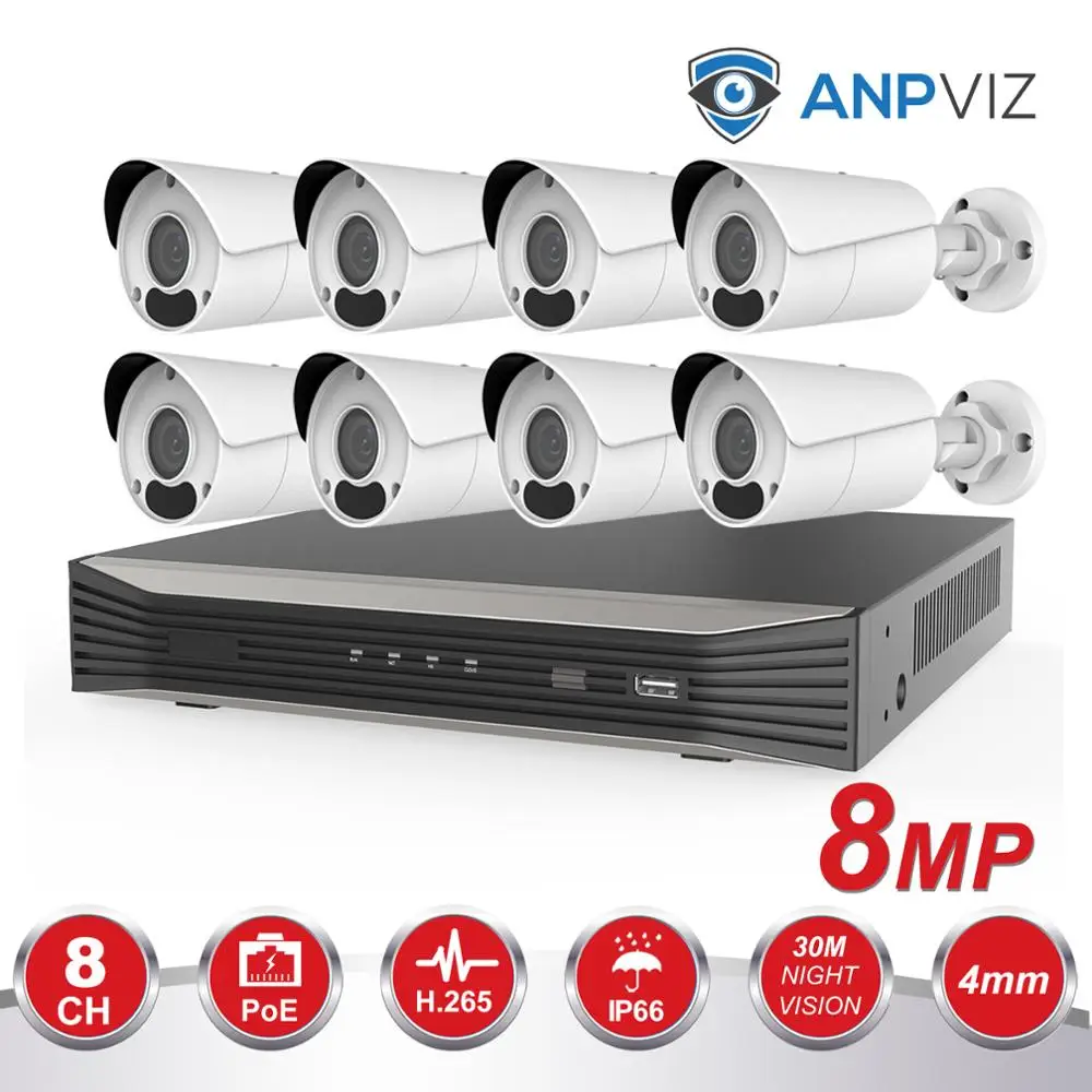 

Anpviz 8CH POE NVR Kit HD 4K CCTV Camera System 8MP Outdoor Bullet IP Camera POE Home Security Video Surveillance Set IP66 P2P
