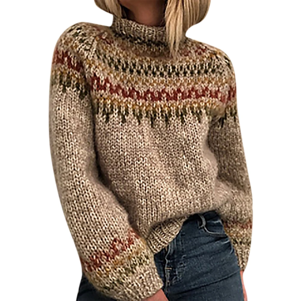 Женский жаккардовый свитер VICABO Повседневный пуловер цвета хаки с длинным