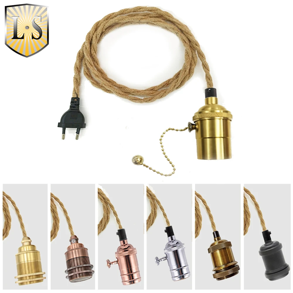 EU Plug Hemp Rope Power Cord E27 Edison bulb Socket 2/3 Meters Vintage Hanging Light With ON/OFF Switch For Retro Lamps