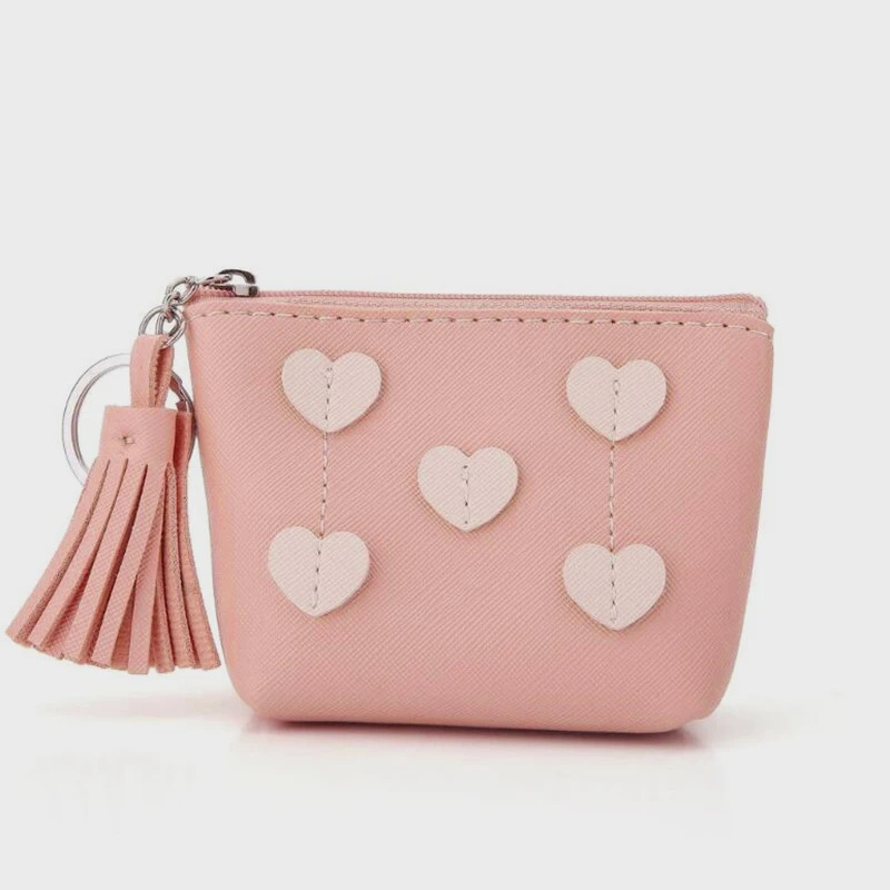 Patchwork Portable Mini Cute Zipper Heart Embellishment Women Card Package Wallet