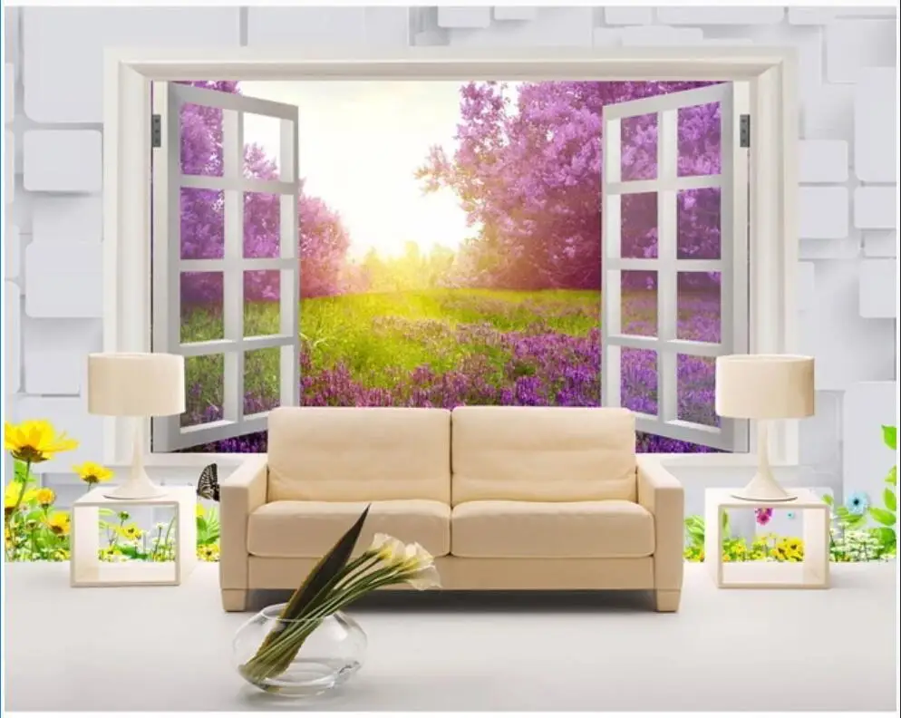 

Custom mural 3d wall mural on the wall Beautiful dreamy 3D window lavender scenery home decor photo wallpaper in the living room