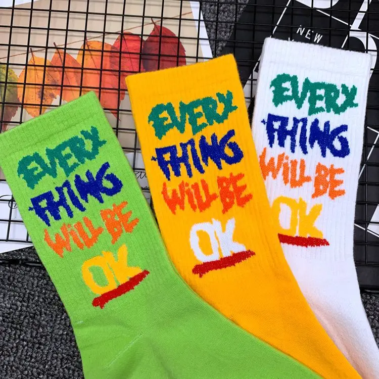 Носки до середины голени для взрослых; Everything Will Be OK Okay; красивые яркие Носки с рисунком