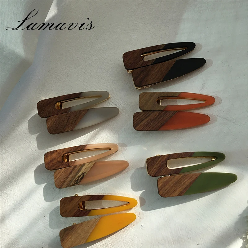 

1 Pair Fashionable Girl Hairpin Candy Color Triangle Wood Splicing Hairpin Sweet Imitation Side Clip Duck Mouth Clip