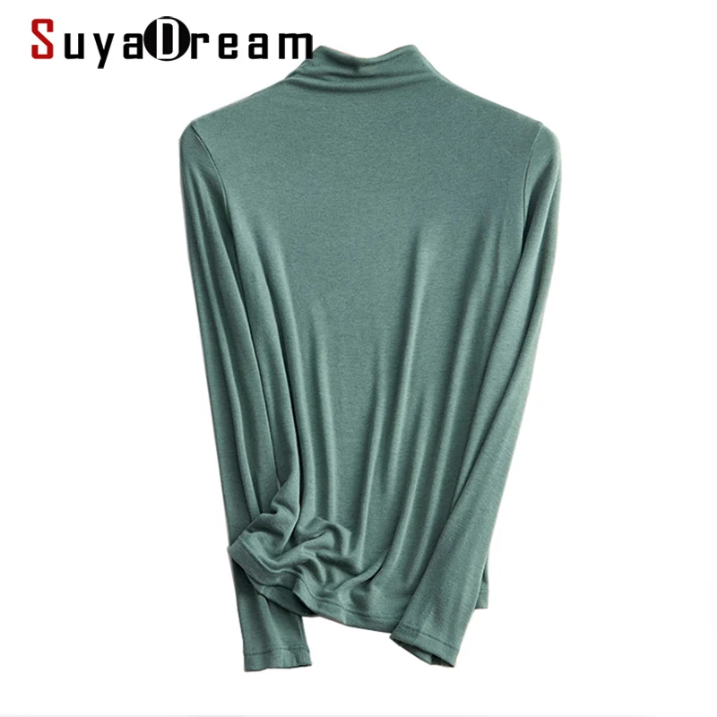 

SuyaDream Women Bottoming T Shirt Wool Viscose Blend Long Sleeves Solid Basic Shirt Mock Neck 2021 Autumn Winter Top