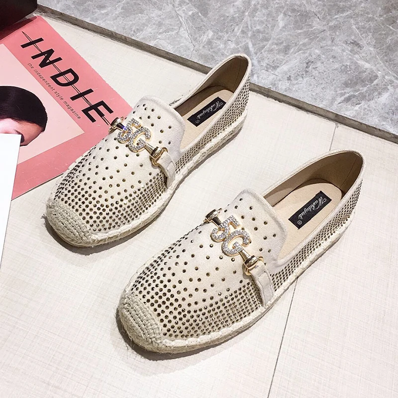 Fashion Hemp Loafers Women Espadrilles Flats Shoes Sewing Rhinestone Round Toe Ladies Casual Moccasins Slip On Brand Style New - Цвет: 99Beige