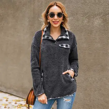 

2019 Women Winter Warm Fluffy Pullover Hoodies Plaid Check Turtleneck Snap Button Sweatshirt Casual Long Sleeve Tops